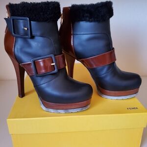 Fendi Black and Brown Heeled Boots with Fur Trim ☆☆New SZ 9.5